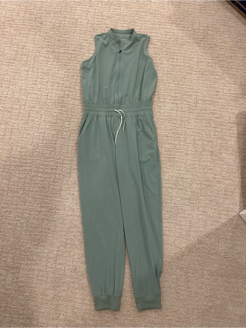 Cotopaxi Cambio Sleeveless Sage Jumpsuit with Drawstring Waist